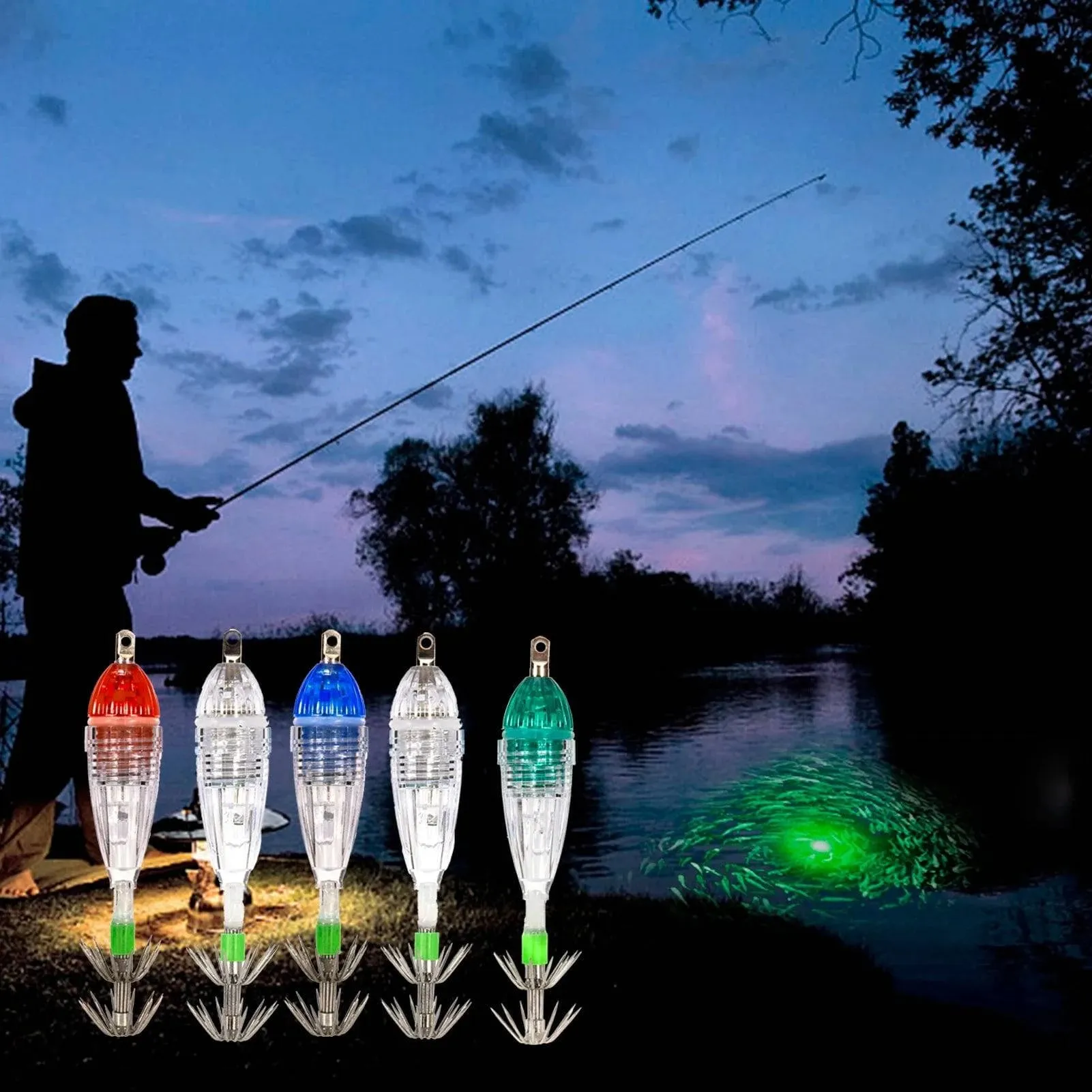 5pcs Waterproof Underwater LED Fishing Light Fish Lure Attracting Light Lamp with Squid Jig Hooks Fishing Accessories