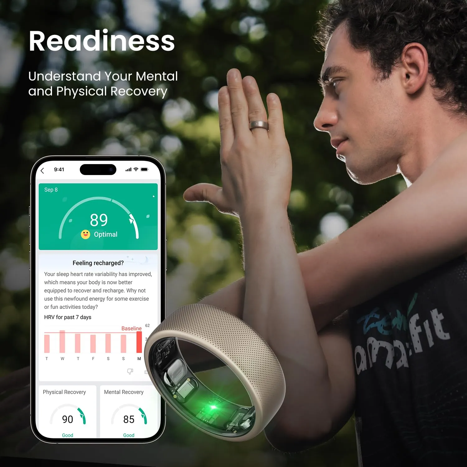 Amazfit Helio Smart Ring, Wearable Fitness Tracker, Sleep Heart Rate Health Monitor, No App Subscription, 4 Days Battery Life, Fast Wireless Charging, 10 ATM Water-Resistance (Size 8)