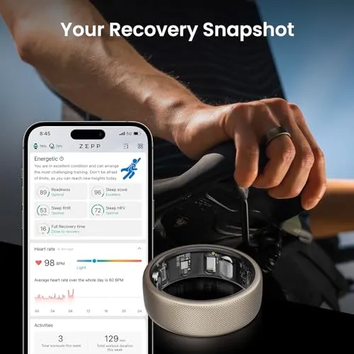 Amazfit Helio Smart Ring, Wearable Fitness Tracker, Sleep Heart Rate Health Monitor, No App Subscription, 4 Days Battery Life, Fast Wireless Charging, 10 ATM Water-Resistance (Size 8)