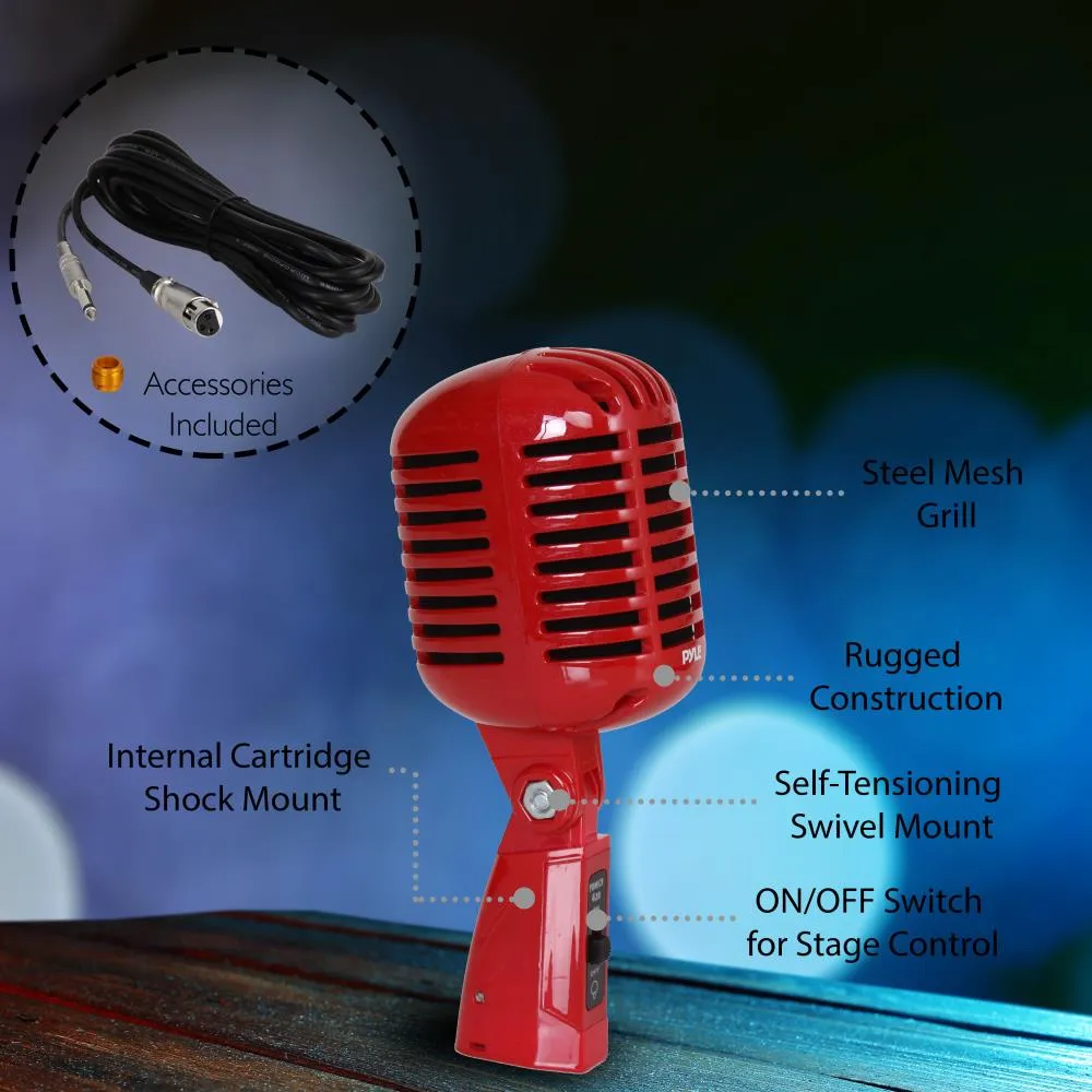 Classic Retro Dynamic Vocal Microphone, Vintage Style Vocal Mic With 16' Ft. Xlr Cable (Red)