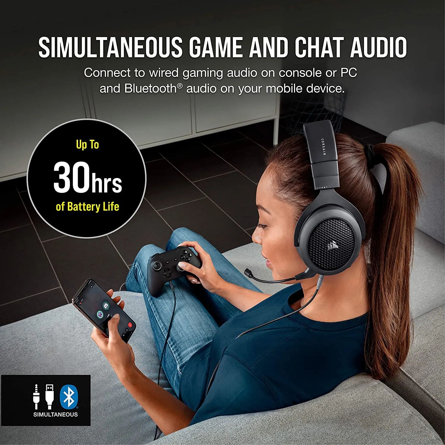Corsair HS70 Bluetooth - Wired Gaming Headset with Bluetooth - Works with PC, Mac, Xbox Series X, Xbox Series S, Xbox One, PS5, PS4, Nintendo Switch, iOS and Android - Carbon/Black