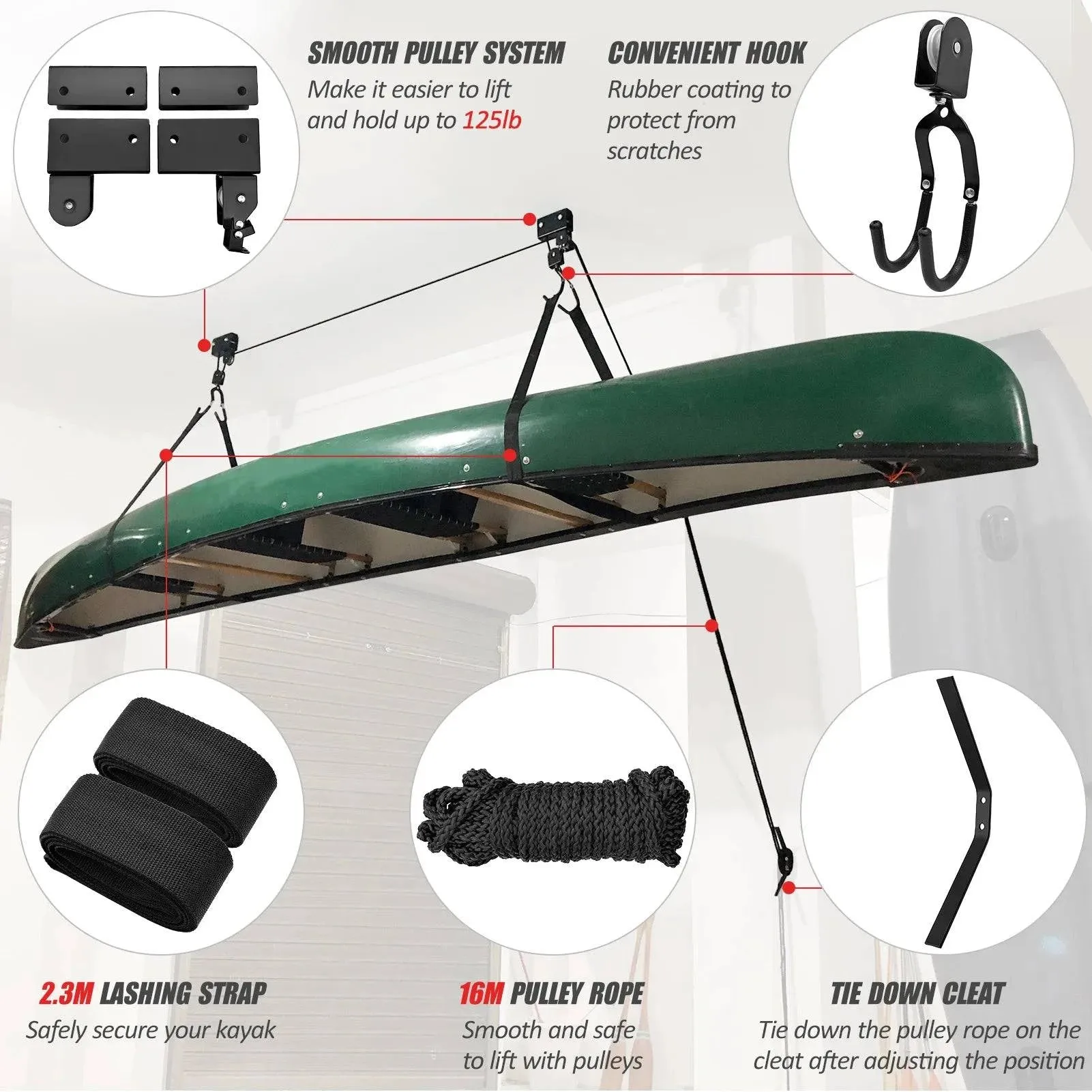 Kayak Lift Hanging Pulley System Kayak Ceiling Rack Garage Ceiling Mount for Bicycle Paddleboard Canoe Boat Kayak Accessories
