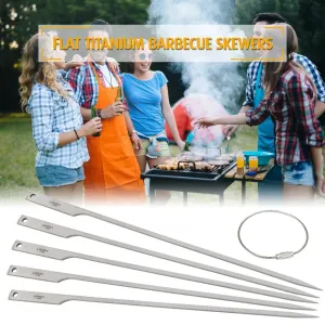 Lixada 5pcs 10 Inch Flat Titanium Barbecue Skewers Outdoor Backyard Picnic BBQ Grilling Kabob Skewers BBQ Sticks with Wire Ring