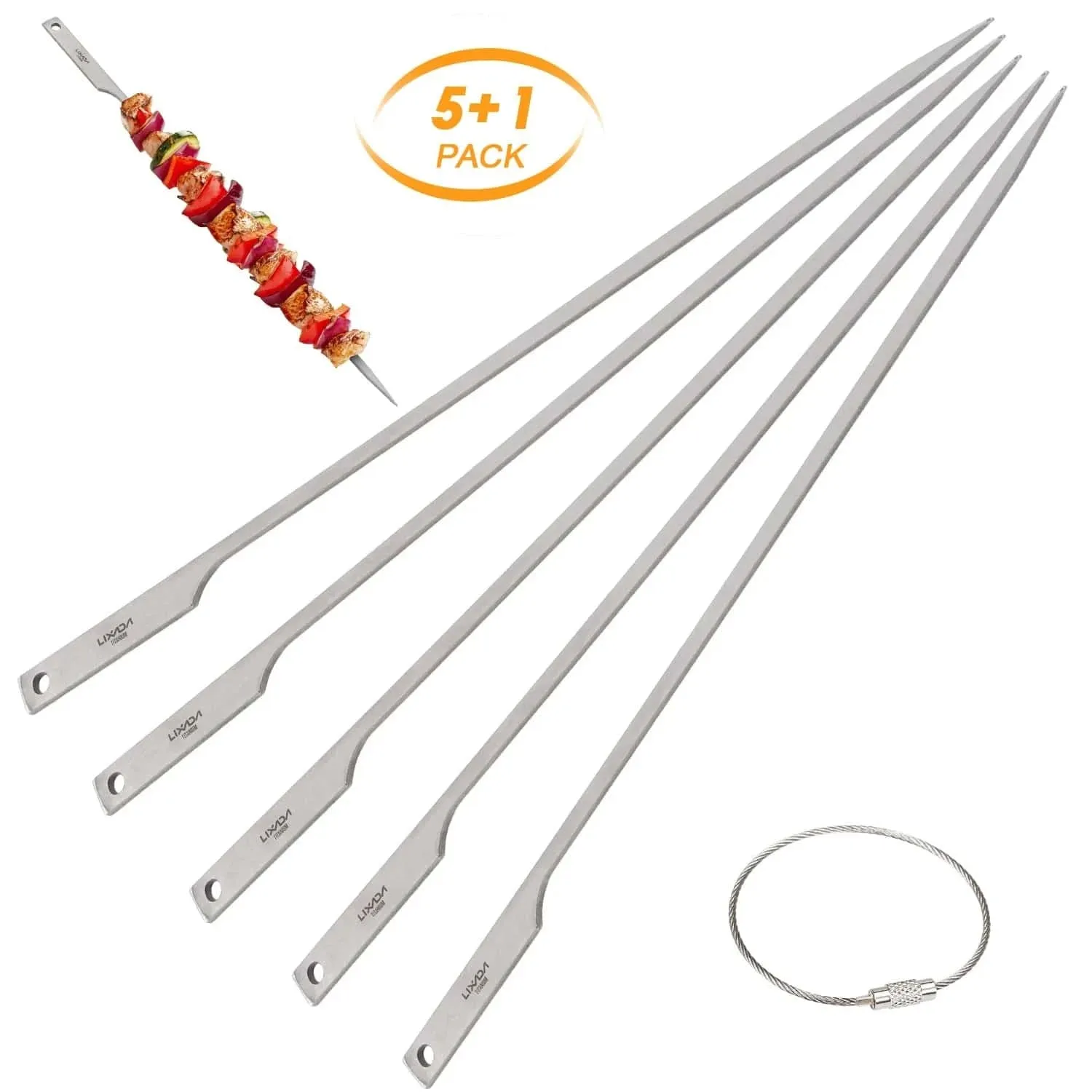 Lixada 5pcs 10 Inch Flat Titanium Barbecue Skewers Outdoor Backyard Picnic BBQ Grilling Kabob Skewers BBQ Sticks with Wire Ring