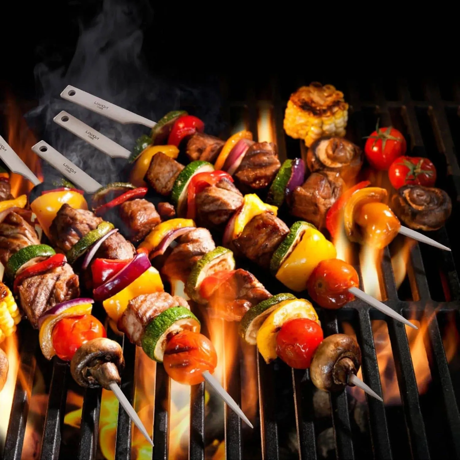 Lixada 5pcs 10 Inch Flat Titanium Barbecue Skewers Outdoor Backyard Picnic BBQ Grilling Kabob Skewers BBQ Sticks with Wire Ring