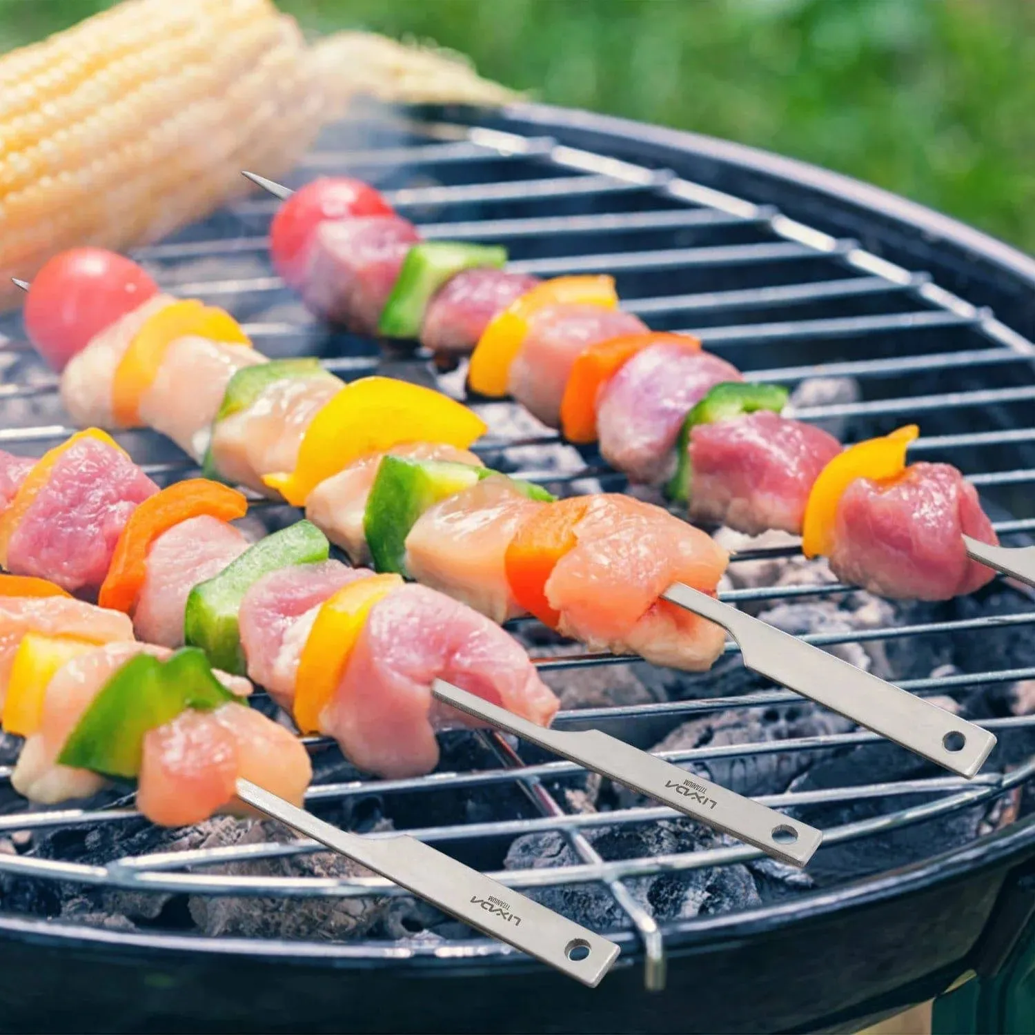 Lixada 5pcs 10 Inch Flat Titanium Barbecue Skewers Outdoor Backyard Picnic BBQ Grilling Kabob Skewers BBQ Sticks with Wire Ring