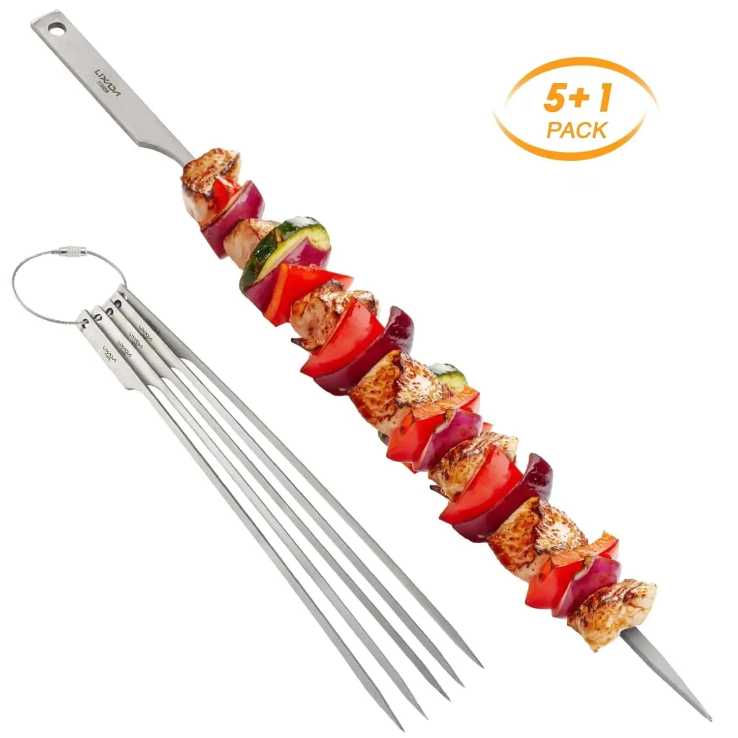 Lixada 5pcs 10 Inch Flat Titanium Barbecue Skewers Outdoor Backyard Picnic BBQ Grilling Kabob Skewers BBQ Sticks with Wire Ring