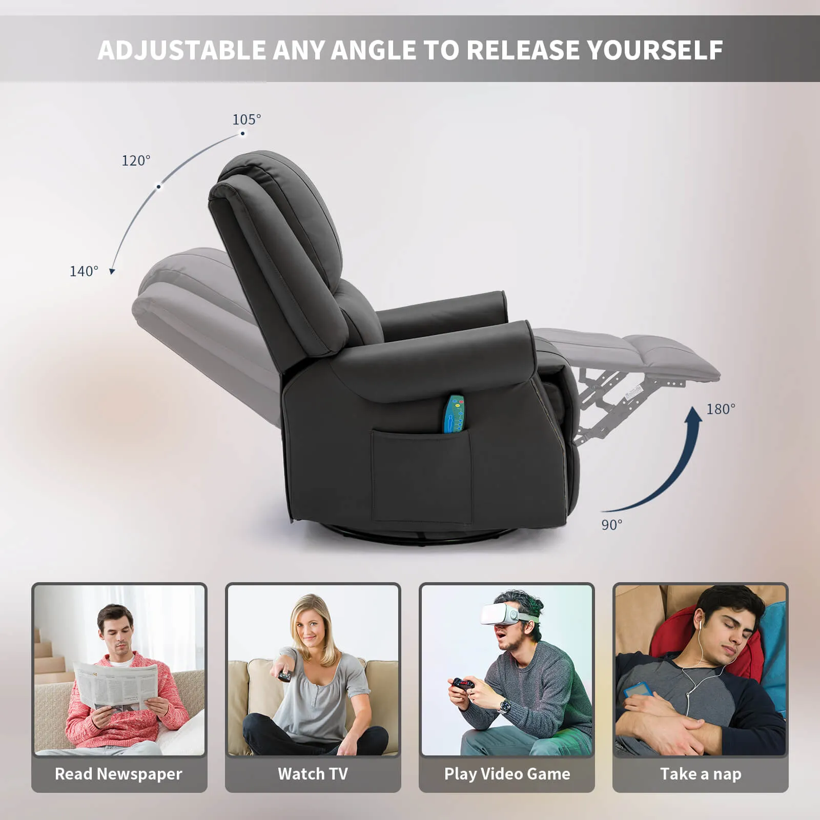 Massage Recliner Chair 360°Swivel Heated , Faux Leather Ergonomic Recling Sofa with Rivet Decoration, Dark Gray