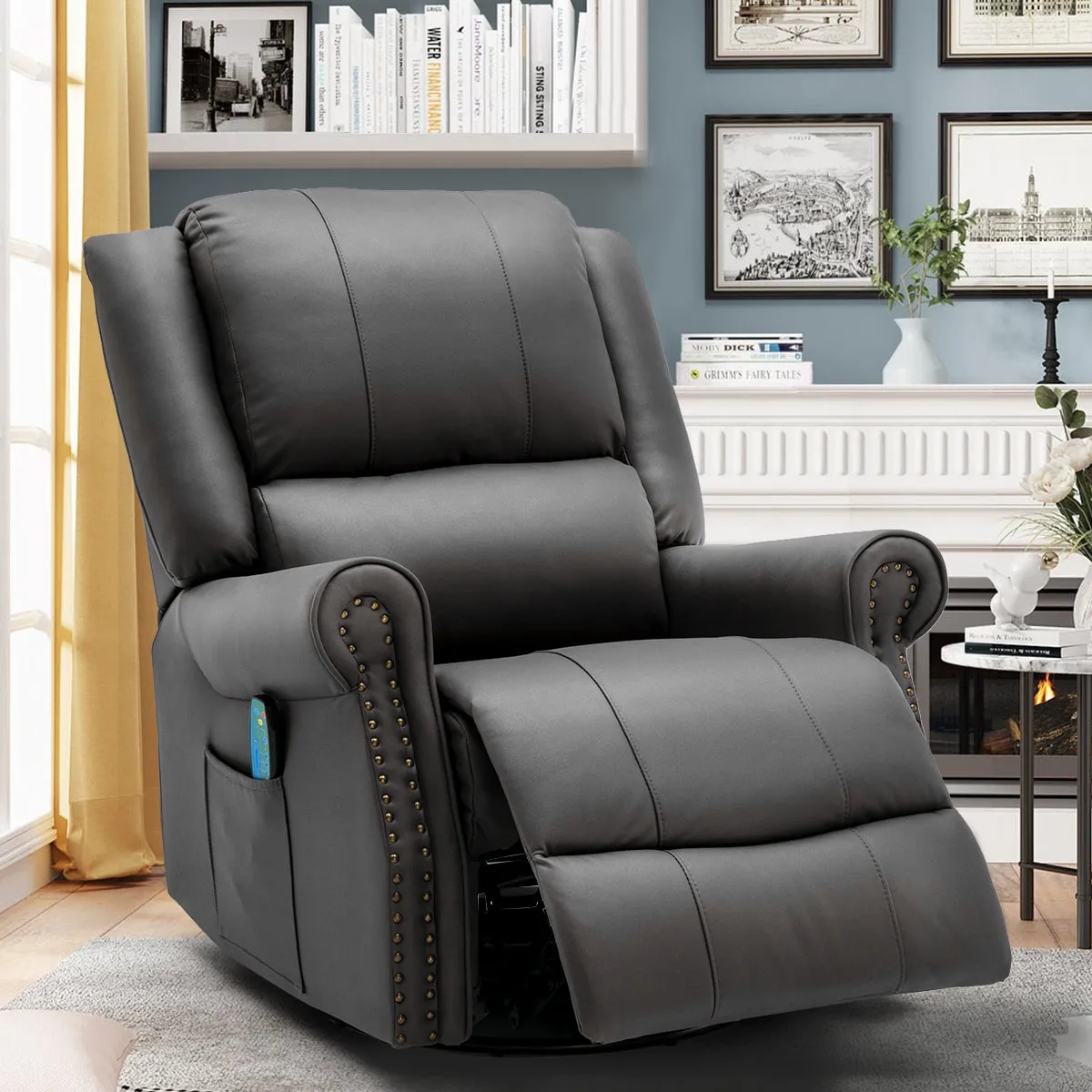 Massage Recliner Chair 360°Swivel Heated , Faux Leather Ergonomic Recling Sofa with Rivet Decoration, Dark Gray