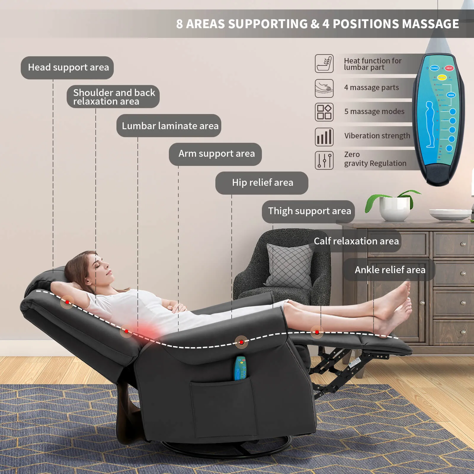Massage Recliner Chair 360°Swivel Heated , Faux Leather Ergonomic Recling Sofa with Rivet Decoration, Dark Gray