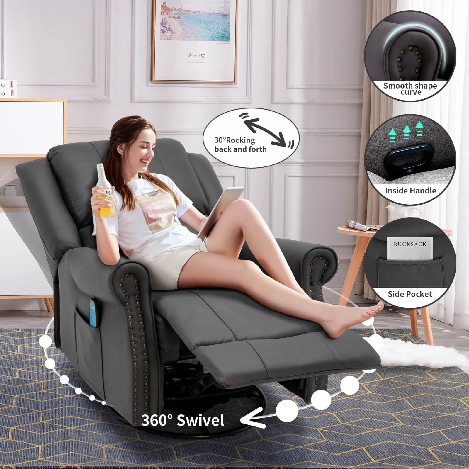 Massage Recliner Chair 360°Swivel Heated , Faux Leather Ergonomic Recling Sofa with Rivet Decoration, Dark Gray