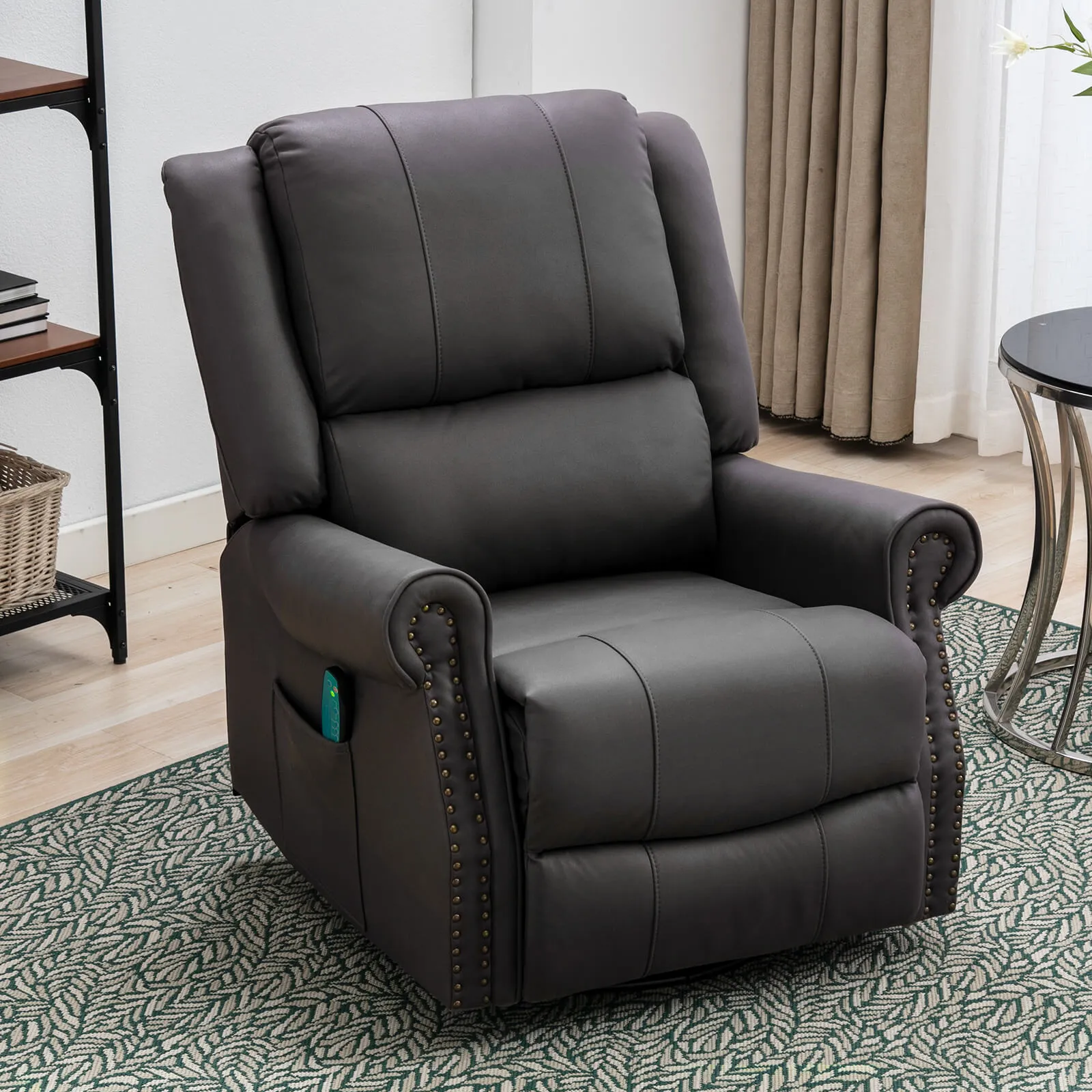 Massage Recliner Chair 360°Swivel Heated , Faux Leather Ergonomic Recling Sofa with Rivet Decoration, Dark Gray