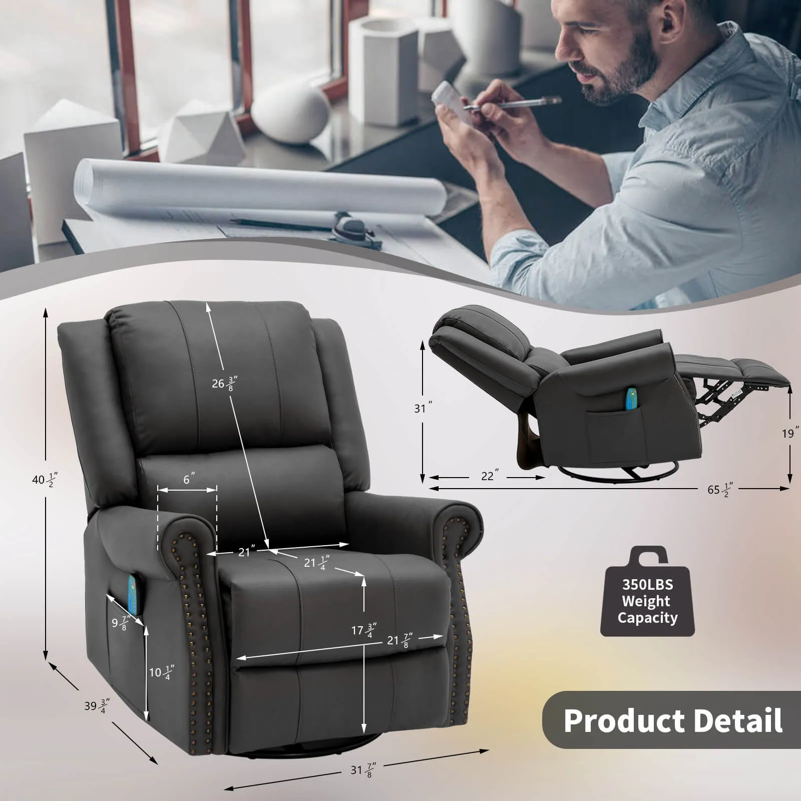 Massage Recliner Chair 360°Swivel Heated , Faux Leather Ergonomic Recling Sofa with Rivet Decoration, Dark Gray