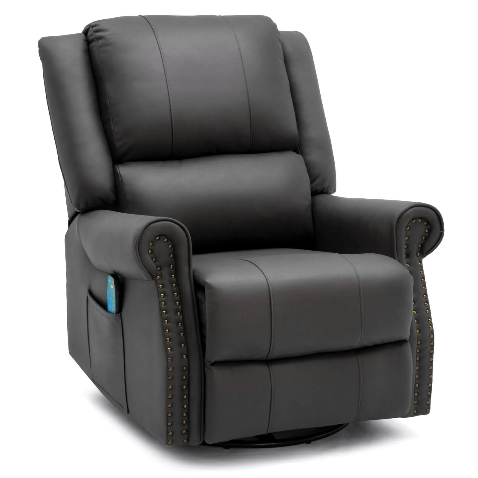 Massage Recliner Chair 360°Swivel Heated , Faux Leather Ergonomic Recling Sofa with Rivet Decoration, Dark Gray