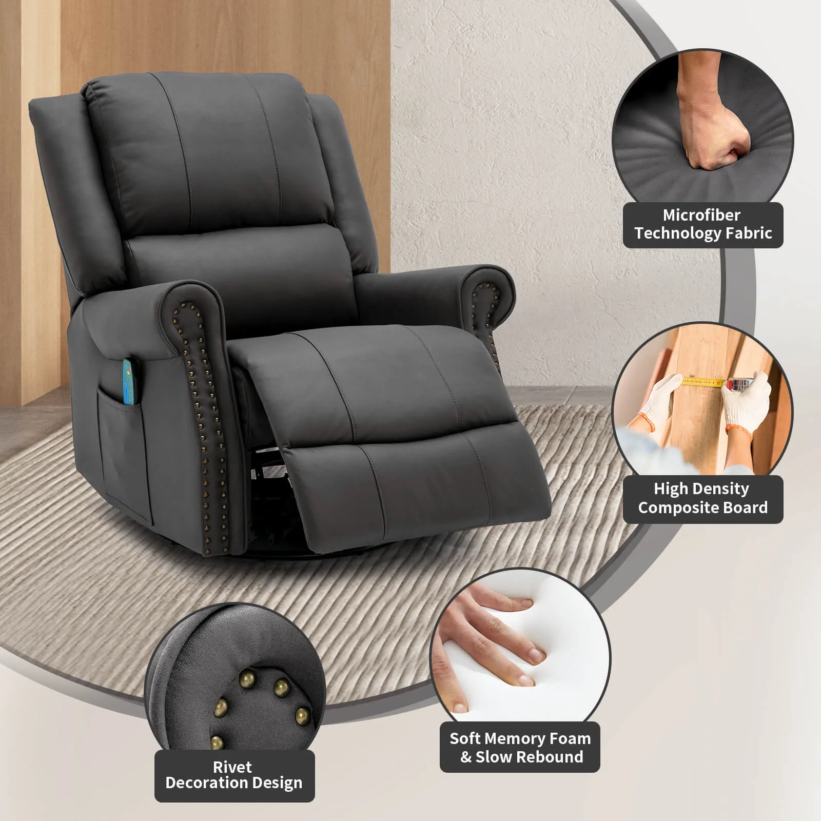 Massage Recliner Chair 360°Swivel Heated , Faux Leather Ergonomic Recling Sofa with Rivet Decoration, Dark Gray
