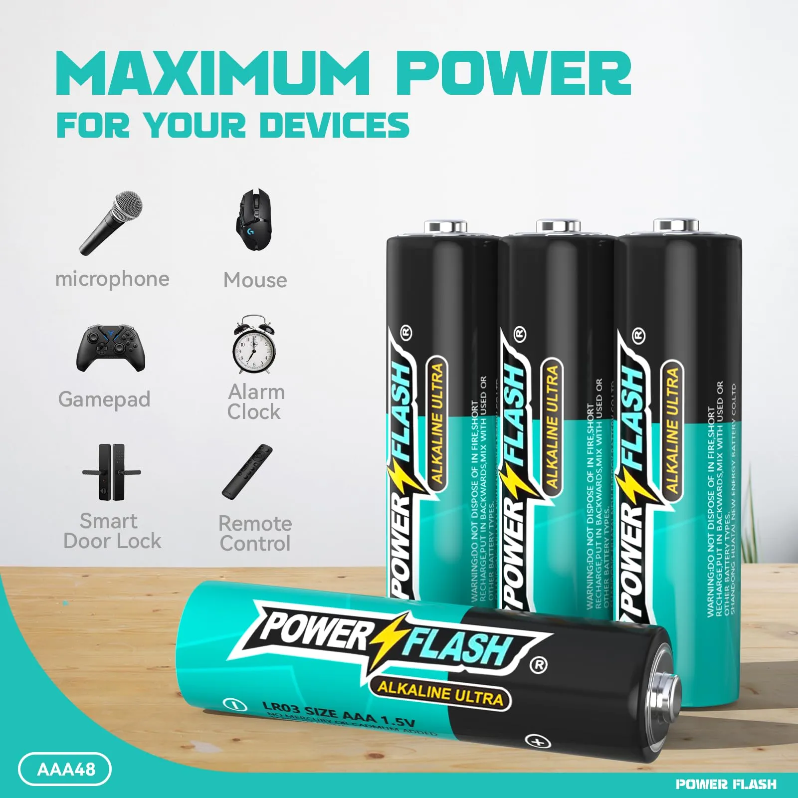 POWER FLASH 48 AA Batteries, Batteries Provide Long Lasting Power, 10 Year Battery Warranty, Alkaline AA Batteries for Home and Office Equipment (48 Count Pack)